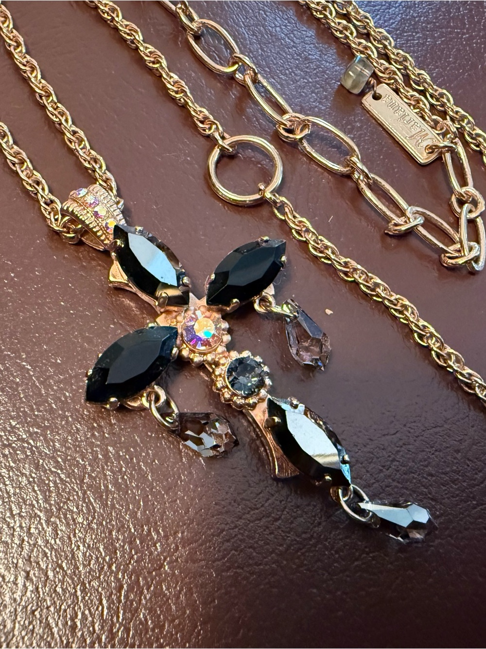 NWOT Mariana Gold Cross Necklace with Black and Aurora Crystals-Long Chain